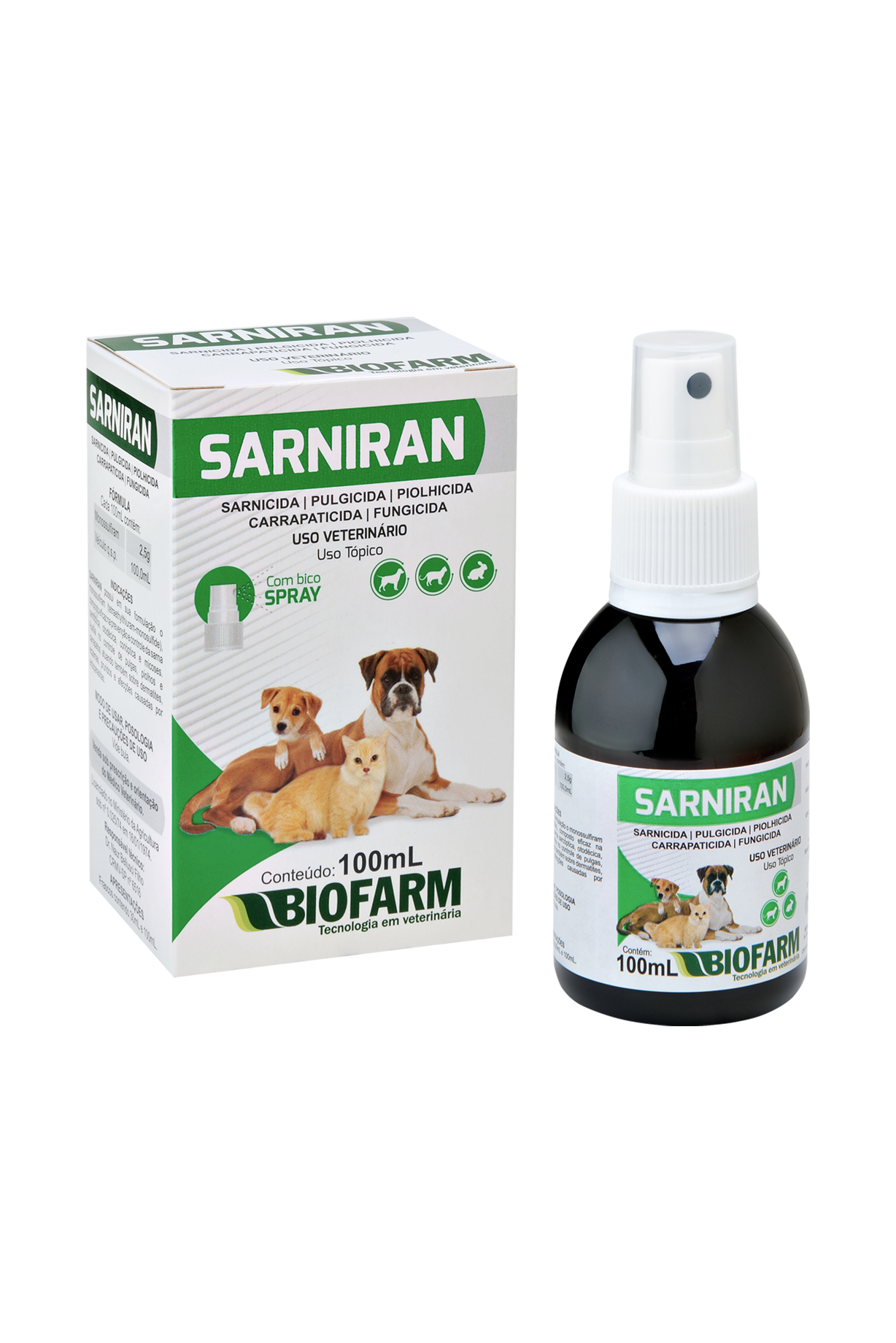 SARNICIDA, PULGICIDA, PIOLHICIDA, CARRAPATICIDA E FUNGICIDA SARNIRAN PARA CÃES E GATOS 100ML - BIOFARM