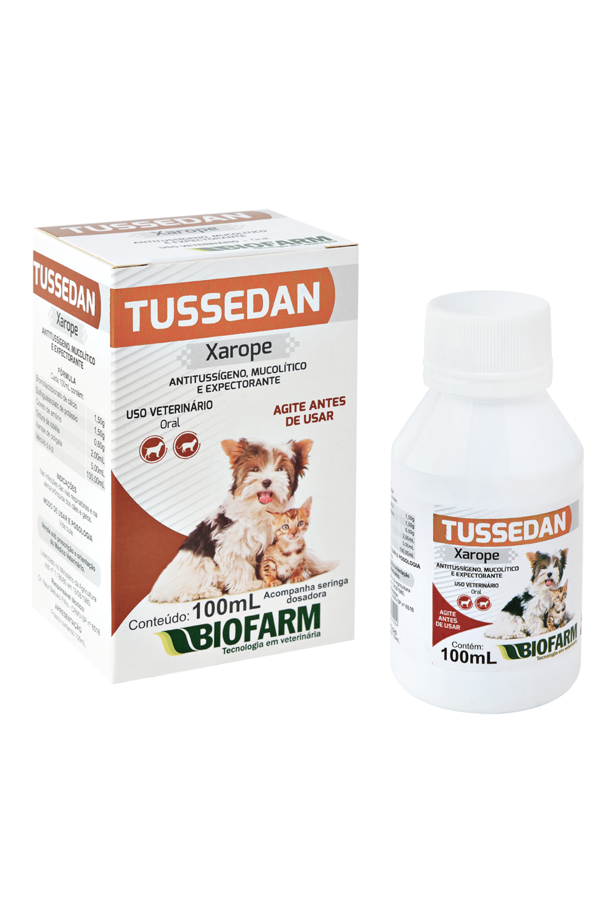 ANTITUSÍGENO, MUCOLÍTICO E EXPECTORANTE TUSSEDAN XAROPE PARA CÃES E GATOS 100ML - BIOFARM