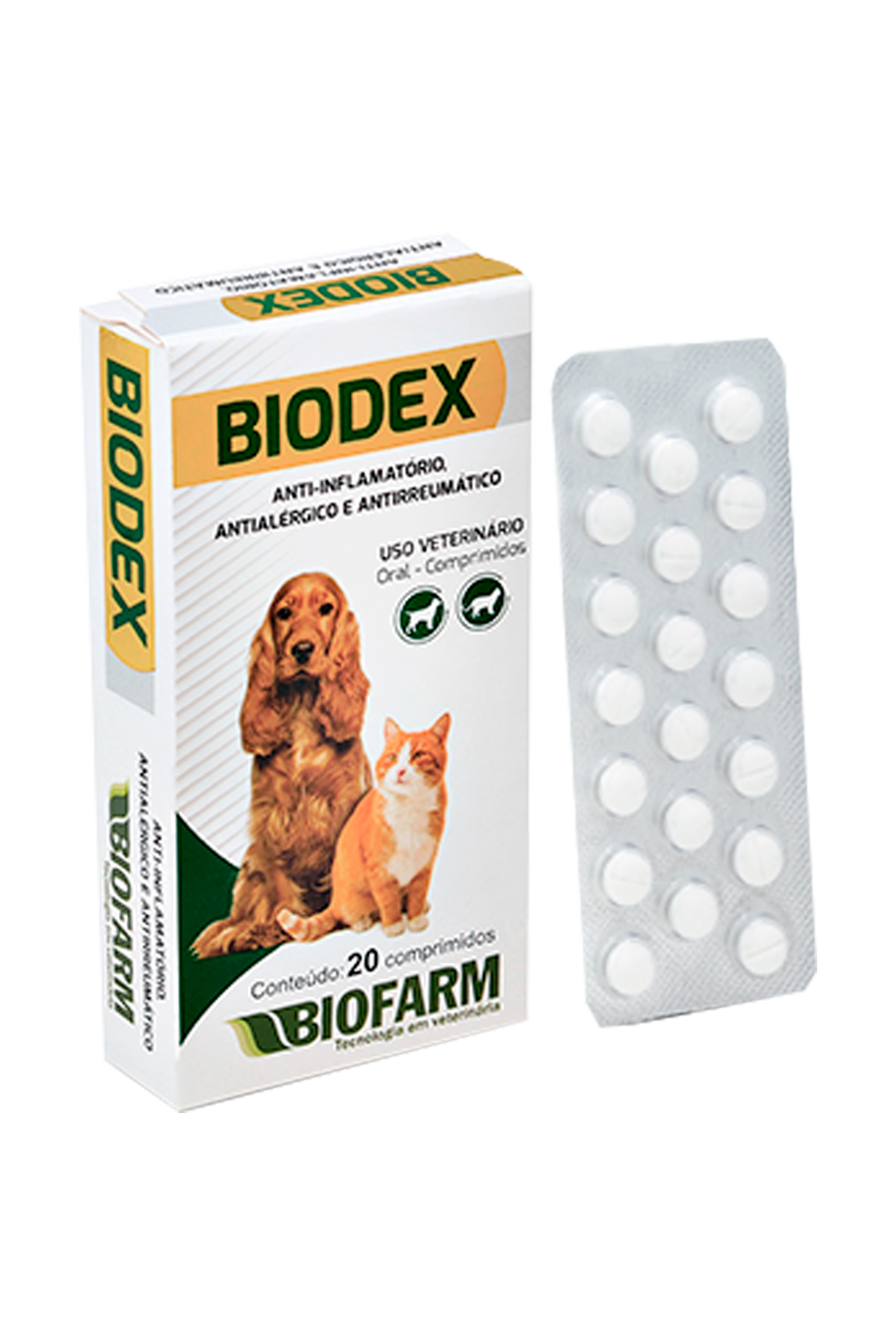 ANTIINFLAMATÓRIO, ANTIALÉRGICO E ANTIRREUMÁTICO BIODEX 20 COMPRIMIDOS PARA CÃES E GATOS - BIOFARM